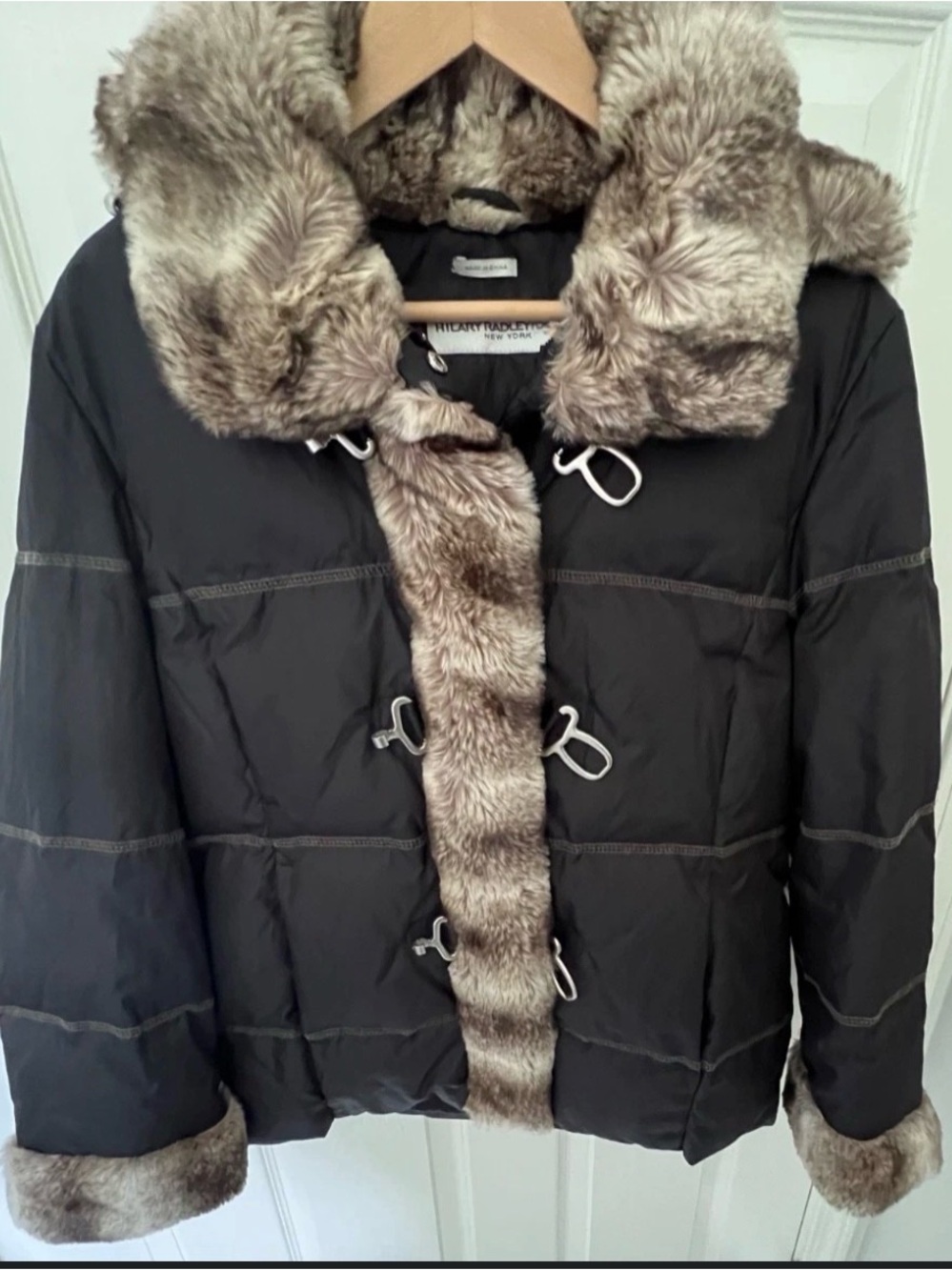 Hilary Radley Black Puffer Jacket with Taupe Faux-Fur Trim  removablehood  med